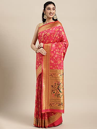 Panzora Women's Paithani Silk Saree With Unstitched Blouse Piece (Gajri-Pink)