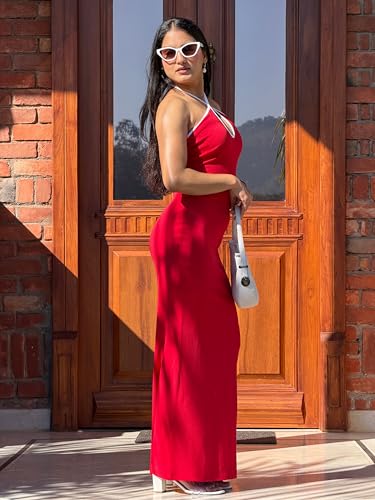 Tandul Women's Cotton Blend Shoulder Straps Red Dress - Maxi/Full Length Solid Fashion Small Size for Office, Casual, Festive & Party (12278)