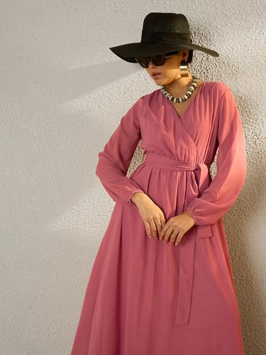 Sassafras Women Pink V-Neck Full Sleeve Maxi Dress-XXL