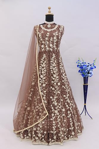 RUDRAPRAYAG Net And Santoon Embroidered Semi Stitched Anarkali Gown For Women