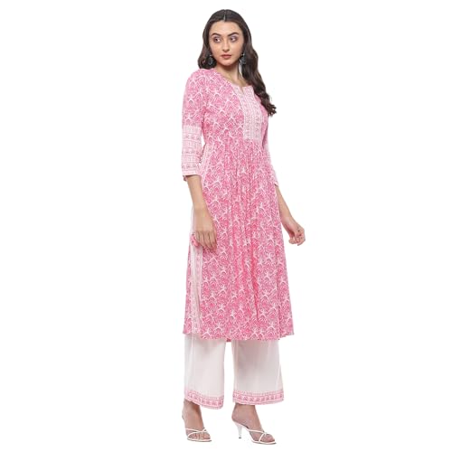 Biba WOMEN PRINTED STRAIGHT SALWAR KURTA DUPATTA(SKDASSORTED7518_WHT/PNK_32)