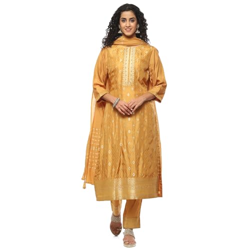 BIBA Women YARNDYED STRAIGHT SALWAR KURTA DUPATTA(SKD9645_MUSTARD_34)