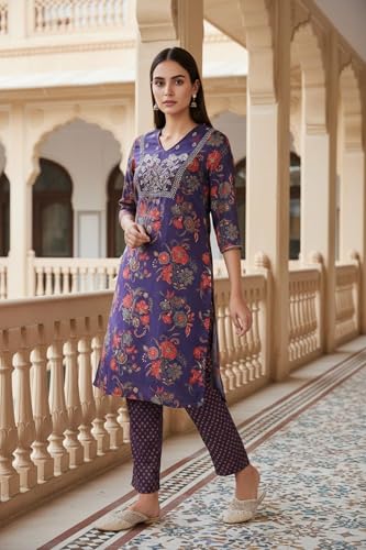 W for Woman Purple Floral Printed Japanese Satin Straight Kurta with Straight Pant and Dupatta Set (WS13280-126644-M)