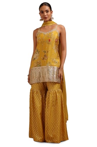 Soch Womens Yellow Chinon Botanical Print Suit Set With Sequins