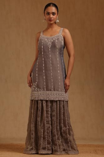Soch Womens Grey Fendi Embroidered Suit Set With Mirror And Stone
