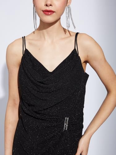 Latin Quarters Women Black V-Neck Sleeveless Solid A-Line Dress_S