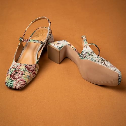 Theater Women Twiggy Multi-Color Floral Mary Jane Heels | Square Toe Slingback Block Heel Sandals with Adjustable Strap | Comfortable & Stylish Shoes for Office, Party & Casual Wear