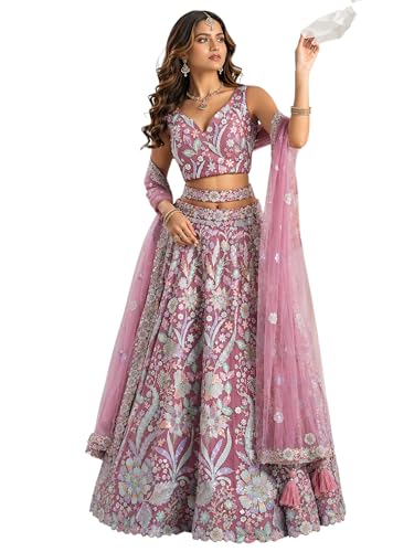 Zeel Clothing Women's Sequins Embroidered Work Soft Net Lehenga Choli With Dupatta (6020-Pink-Women-Lehenga-Choli; Free size)