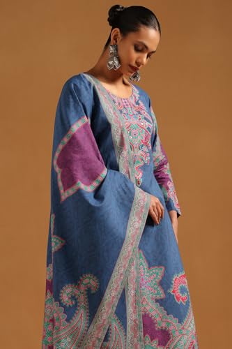Soch Womens Blue Cotton Botanical Salwar Suit With Sequins