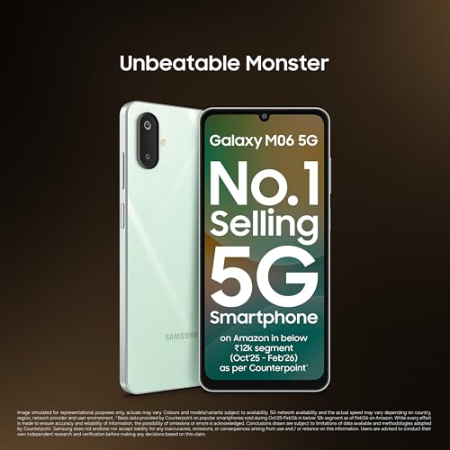 Samsung Galaxy M06 5G Mobile (Sage Green, 6GB RAM, 128GB Storage) | MediaTek Dimensity 6300 | AnTuTu 623K+ | 12 5G Bands | 25W Fast Charging | 4 Gen OS Upgrades | 50MP Camera | Without Charger
