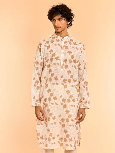 DIWAS BY MANYAVAR Men's Cotton Blend Flowers Printed Long Kurta Set (Cream,L)