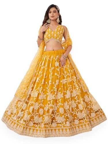 Zeel Clothing Women's Embroidered Soft Net Semi-Stitched Lehenga Choli With Dupatta (2122-Yellow-Wedding-Stylish-Latest; Free Size)