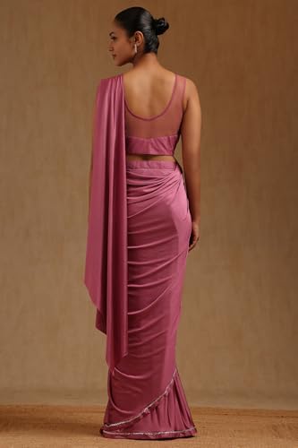Soch Womens Blush Pink Spandex Solid Ready To Wear Saree