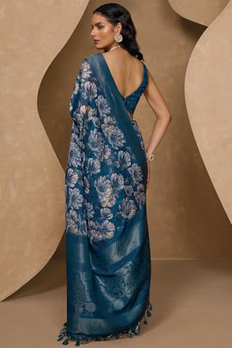 Soch Womens Blue Chanderi Floral Print Saree