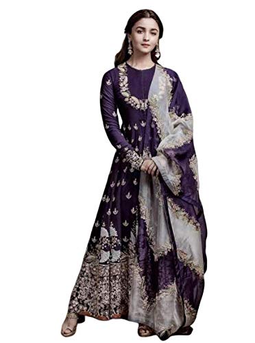 Miss Ethnik Women's Purple Georgette Semi Stitched Ankle Length Free Size Anarkali Gown