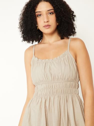 Max Women Solid A-line Midi Dress (Beige_XL)