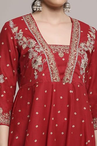 Biba Women Red Cotton Anarkali Printed Suit Set_36
