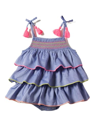 Nauti nati Baby Girls Blue Embroidered Layered Square Neck Smocking Pure Cotton Casual Dress Above The Knee NN321-016