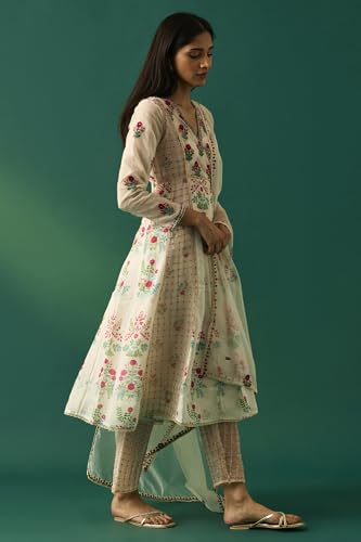 Wishful Women's Off-White Floral Embroidered Nylon Anarkali Kurta with Straight Pant and Dupatta Set - (SP12537-400316-XS)