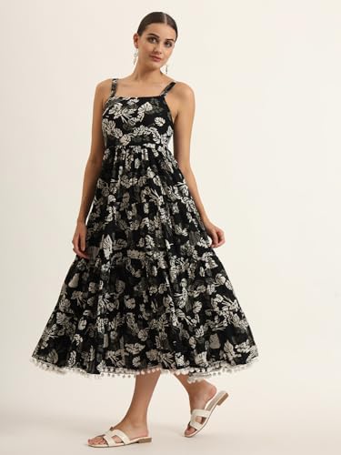 Divena Black Floral Print Pure Cotton Fit & Flare Dress