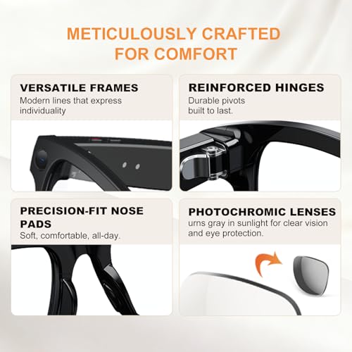 Stormfashion AI Smart Glasses with Camera & Bluetooth, 8MP HD Video Recording, Auto-Tinting Lenses, Open Ear Speakers, Real-Time Translation, for iOS/Android (Clear)