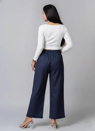 Moirai Pure Cotton Wide Leg Women Trouser Stylish Mid Rise Relaxed Straight Fit Loose Pants Casual Travel Office Formal Wear Navy Blue