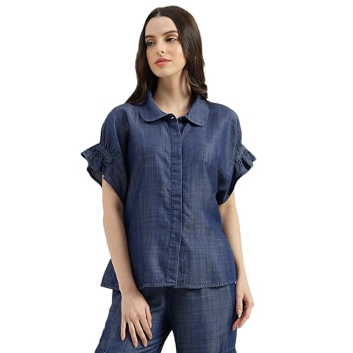 United Colors of Benetton Regular Fit Peter Pan Collar Solid Tencel Top (Size: M) - 26P5TOPTNC02I902 Blue