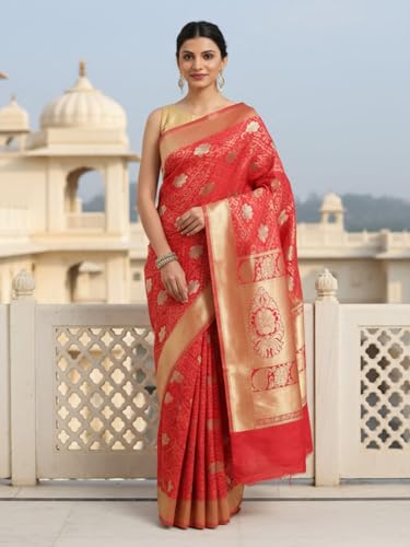 AKHILAM Women's Red Silk Blend Floral Printed Saree With Unstitched Blouse Piece (KLSHIS85002_AI)