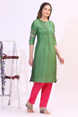 W for Woman Forest Gren Solid Floral Embroidered Shantung Kurta, Pants and Dupatta Set (Size:2XL)-WS19722