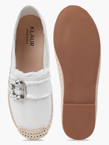 KLAUR MELBOURNE Women’s Denim-Style Espadrille Flats – Casual Slip-On Loafers with Rhinestone Buckle Edge Detail White