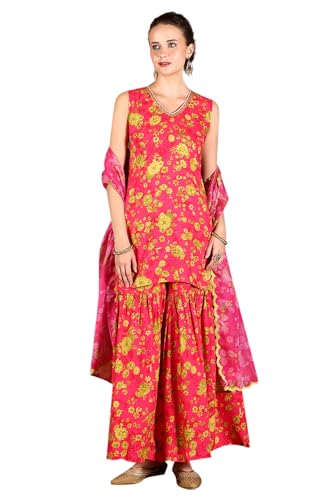W for Woman Pink Floral Printed Sleeveless Short Kurta, Sharara and Dupatta Set (Size: XL)-24AUWS11567-124154