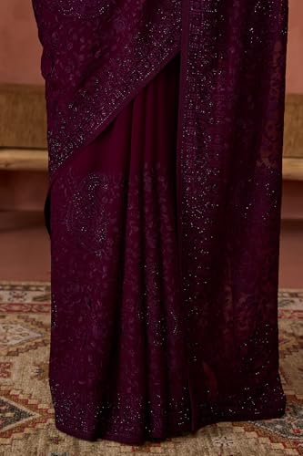 Soch Womens Wine Georgette Embroidered Saree