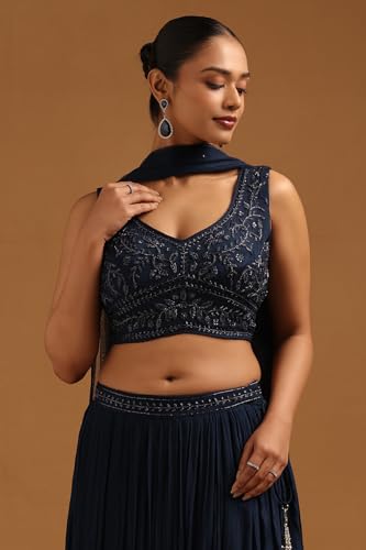 Soch Womens Navy Blue Chinon Embroidered Lehenga Choli With Cutwork And Sequins