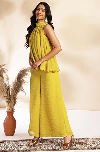Janasya Women's Yellow Dobby Chiffon Solid Co-ord Set(SET916-CO-ORD-L)