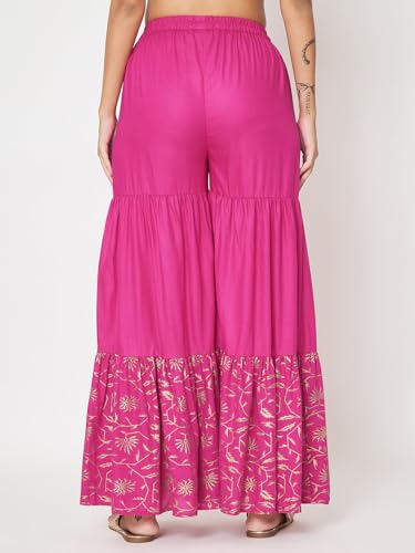 studio rasa Women's Cotton Blend Solid Tiered Sharara for Festive Casual Party(BTWC524RC01L_Pink_Large)