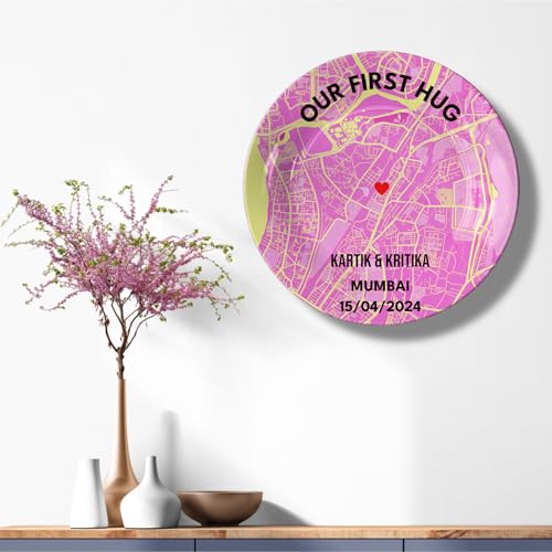 Telinchi Personalized First Hug Street Map Art Plate | Custom Mumbai City Map Decorative Plate with Names, Date & Heart Marker | Romantic Couple Keepsake Gift