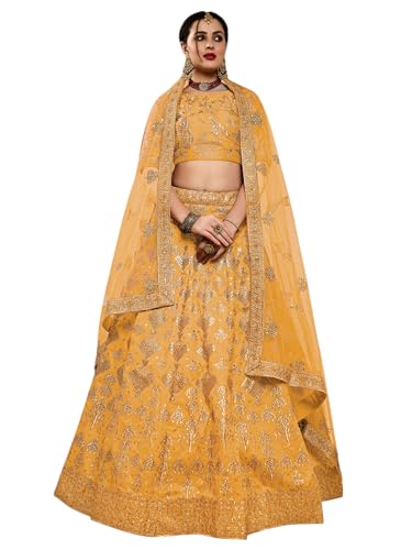 Zeel Clothing Women's Thread Sequins Embroidery Silk Bridal New Lehenga Choli with Dupatta (7055-Yellow-Wedding-Bridal-Stylish-Latest; Free Size)