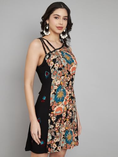 veldress21 Women Multicolor Short Mini Beachwear Flare Dress Summer Stylish Straps Embroidery Sides (in, Alpha, XL, Regular, Multi)