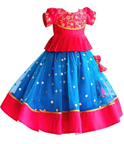 Stanwells Kids Gilrs Lehnga Choli Ruffle Pattern Dress Puff Sleeves Beautiful Ethnic Hand Sequins Embroidery Beautiful Flower Front Traditional Knee Length (SkyBlue & Pink)(12-24months)