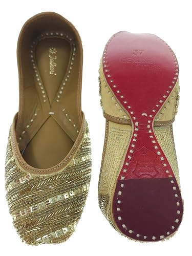 Fulkari Women's Celosia Skin Gold Soft Leather Embroidered Jutis | Bite and Pinch Free Jutti | Punjabi Formal Juttis | Girl's Wedding Flat Ladies Mojari | Formal Ethnic Juti | 36