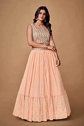 FUSIONIC Thread With Pearl Peach Ruffle Lehenga