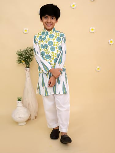 The Mom Store Baby/Kids Boys Kurta Pajama and Jacket Set | Cotton | Comfortable | Ethnic Wear | Festive Look | Printed | Emeraluxe, Multi | 7-8Y
