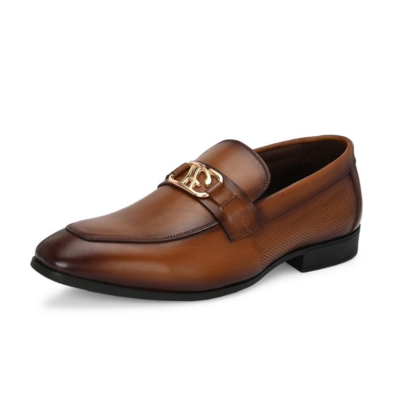 HITZ Men's Tan Leather Formal Slip On Shoes - UK 10