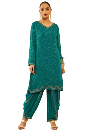 Soch Womens Teal Georgette Embellished Suit Set With Stones