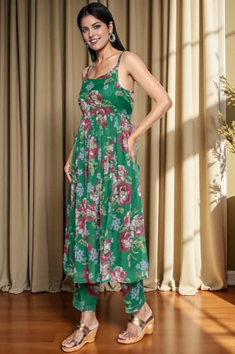 W for Woman Green Printed Chiffon Flared Kurta, Straight Pant and Dupatta Set (Size: XXL)-WS12960-125864