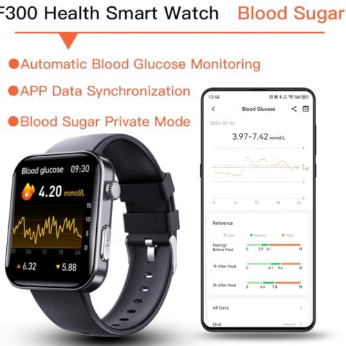 F300 Smart Watch, Health Tracker with Blood Sugar, Heart Rate, Blood Pressure, SpO2, Sleep Monitoring, Black