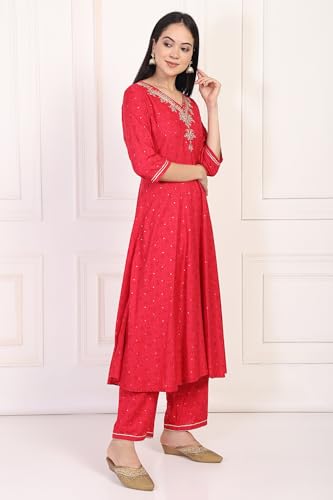 W for Woman Red Floral Print Zari Embroidered A-Line Kurta with Straight Pant (WS10102-125168-L)