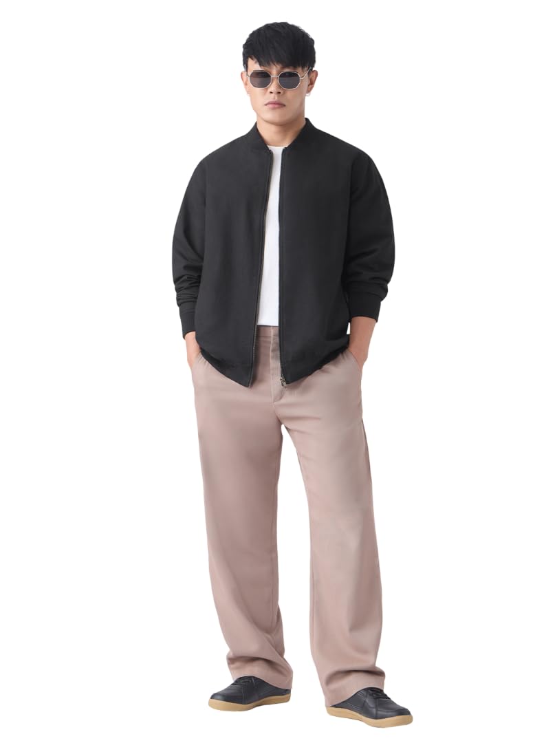 The Souled Store Cotton Linen Jacket: Midnight Men and Boys Full Sleeves Band Neck Solid Lightweight Oversized Fit Casual Summer Bomber Jackets