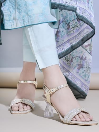 Shoetopia Embellished Rhinstone Golden Heeled Sandals For Women & Girls /EU37