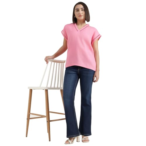 United Colors of Benetton Regular Fit V-Neck Self Design Top (Size : 2XL) - 26P5WVNTP301ILF3 Pink